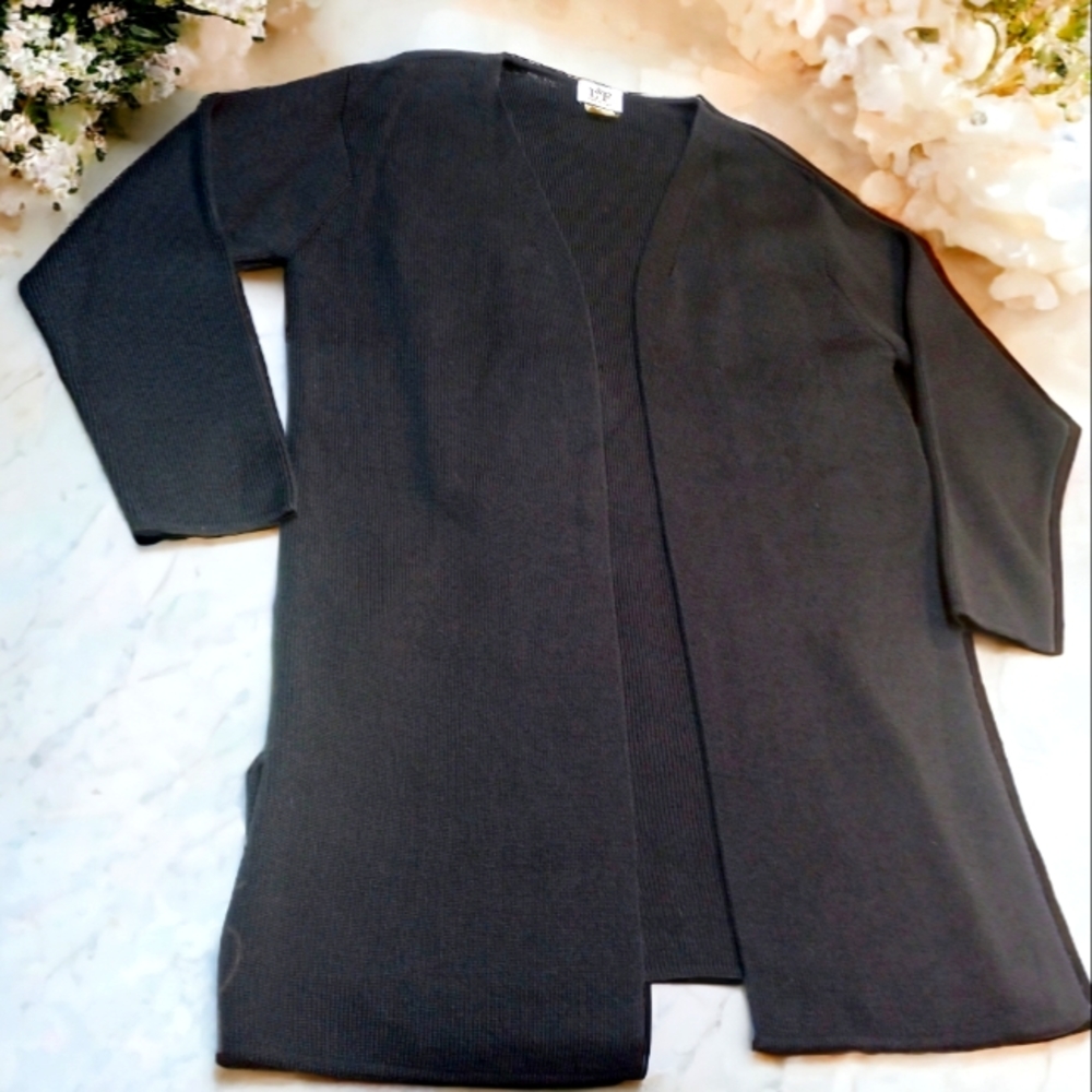 L & F Black Open Front Long Cardigan Made in Italy Size M